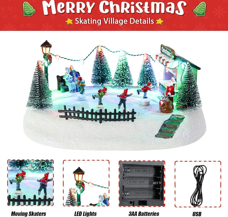 CHONSUN Christmas Village Sets 5.3 Inch Animated Christmas Ice Skating Rink Moving USB/3AA Batteries Music Xmas Trees Decorations Indoor LED Lights Figurines for Room Tabletop Decor - Image 3